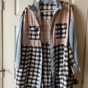 Cato Light Blue and Cream Checkered Flannel Blouse